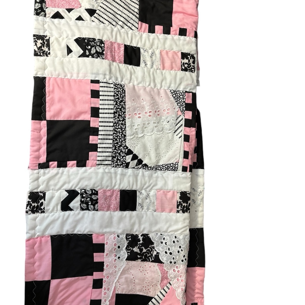 Baby or lap quilt. 36”x39” approx. pink white black and lace - Picture 8 of 14